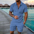 Men's Athletic T-Shirt Set Casual Mesh Lapel Short Sleeve Pullover Tops+Shorts 2-Piece Solid Thin Sporty Suits Black 2pcs Sets.