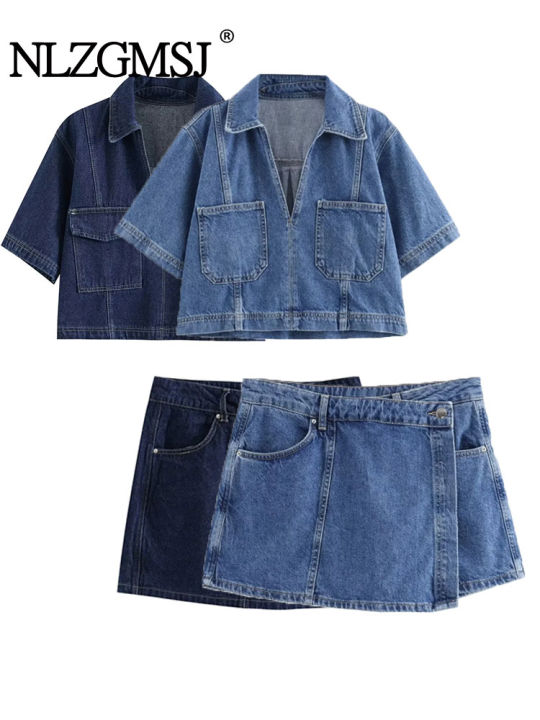 2024 Summer Denim Two Piece Set Short Sleeves Pocket Women Top Mini Skirt Shorts Fashion Casual Lady 2 Piece Sets Y2K