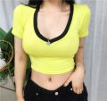 Patchwork Colors Deep V Neck Sexy Crop Top Women Summer New Short Sleeve Women's T-shirt Y2k Clothes Skinny Casual Tops Korean. 