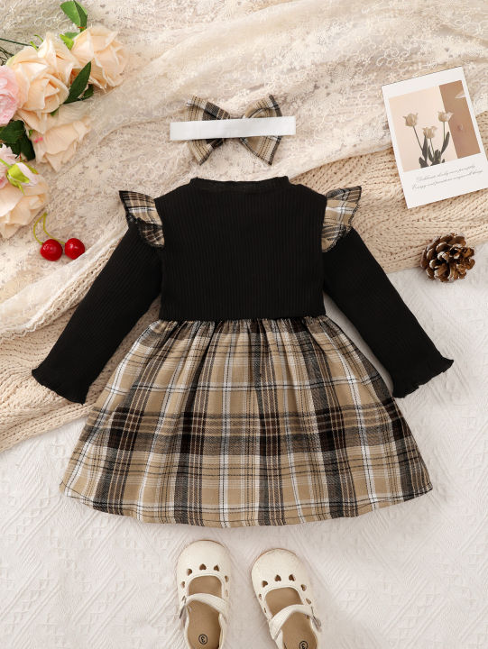 New%20Baby%20Girl%20Spring%20And%20Autumn%20Black%20Checkered%20Fake%20Two-piece%20Big%20Bow%20Headband%20Dress%20For%20Daily%20Outdoor%20Wear%20-%20Image%202