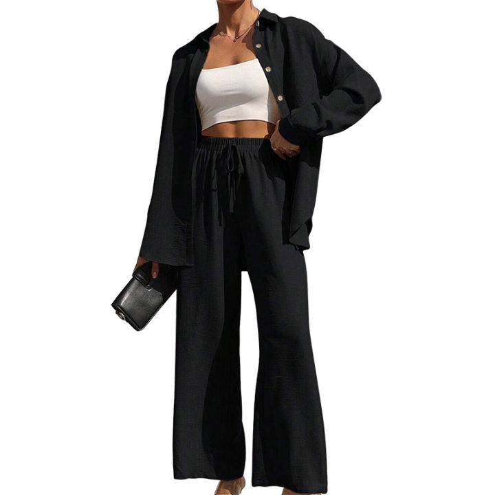 Women's%20Solid%20Button%20Front%20Shirt%20&%20Tie%20Front%20Wide%20Leg%20Pants%20Two-piece%20Set,%20Casual%20Drop%20Shoulder%20Long%20Sleeve%20Blouse%20Top%20&%20Trouser%20-%20Image%207