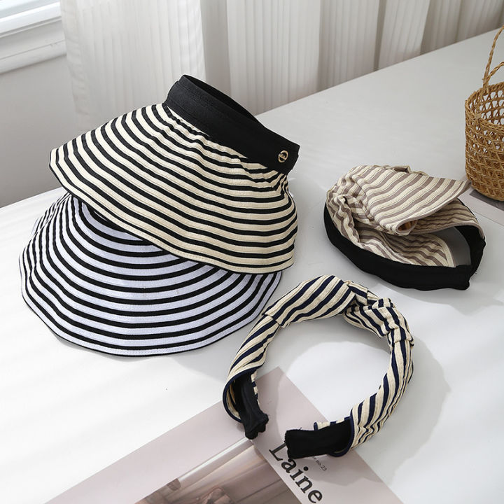 Summer Hat Sun Visor Korean Stripe Colorblock Headband Cross-Twist Design Women's Hair Accessory Open-Crown Chic Hairband Casual