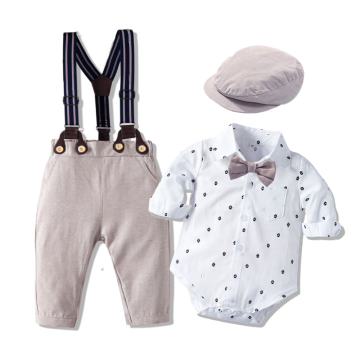 Baby Boy Gentleman Romper Clothes Set with Bow Hat Cotton Spring Fall ...