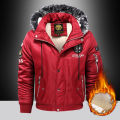 Men's Winter Warm, Hooded Jacket with Raw Edge, Lined Aviator Jacket, Embroidered Badge Design, Windproof and Waterproof Jacket.