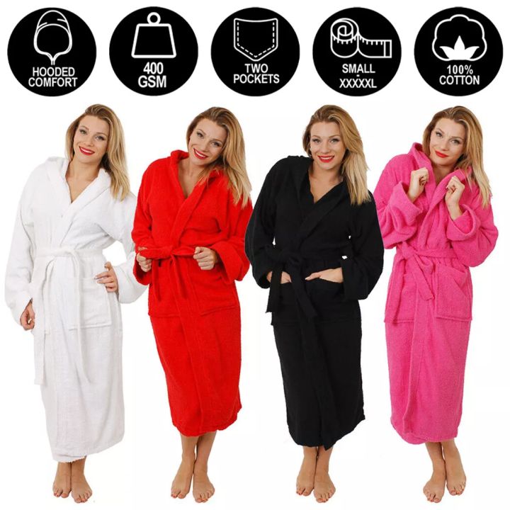 LADIES HOODED BATHROBE 100% COTTON PRESENT WOMENS GIFT DRESSING GOWN