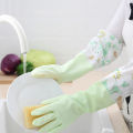 Dishwashing Gloves Single Layer Household Chore Splicing Sleeve Waterproof Gloves Plush Elastic Band Mouth Rubber Gloves. 