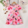 Pink cute donut full print short sleeved round neck girl's dress. 