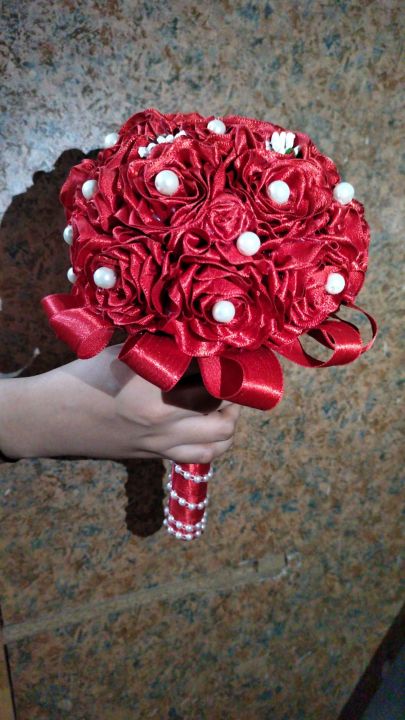 Ribbon rose bridal wedding bouquet, handmade ribbon flowers red & golden