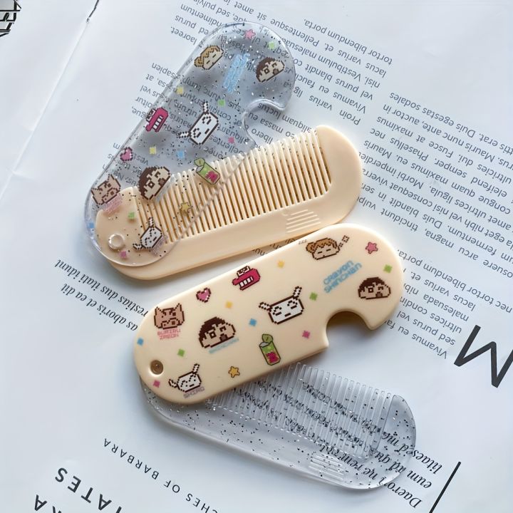 1pc Comb Set Cartoon Folding Mirror, Mini Portable Pocket Size, ABS Plastic Handle, Plastic Bristle, for Normal Hair