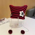 Y2K Beanie Hat Women Ins Devil Ear Striped Knitted Wool Cap Autumn Winter Hip-hop Crochet Cute Cat Ears Pointed Pullover Hats. 