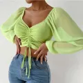 ALLUKASA Sexy Mesh Lantern Sleeves Drawstring Wrap Chest Bare Midriff T Shirt Women Long Sleeves Bottoming. 
