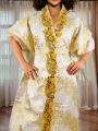 Women's Elegant Rhinestone Embellished Long Kaftan Dress Abaya Shinny Stylish Traditional African Outfit.