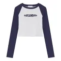 Patchwork Long Sleeve Tshirt Women Embroidery Crop Top Femal. 