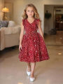 Girls retro red dress with white dots: elegant V-neck design, comfortable fit, suitable for parties and daily life.
