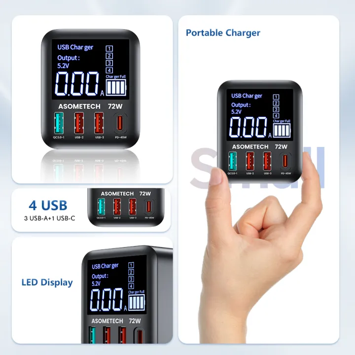 ASOMETECH%2072W%20GaN%20USB%20Charger%204%20Port%20With%20LED%20Display%20QC3.0%20PD3.0%20PPS%2045W%20USB%20C%20Fast%20Charger%20For%20iPhone%2016%20iPad%20%20%20-%20Image%202