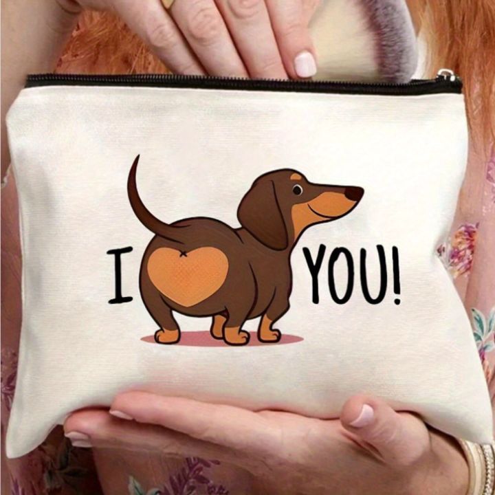 Funny Dachshund Butt Makeup Bag - Cute Brown Puppy with 'I YOU!' Heart, Mini Zip-Free Purse for Women, S, Teachers