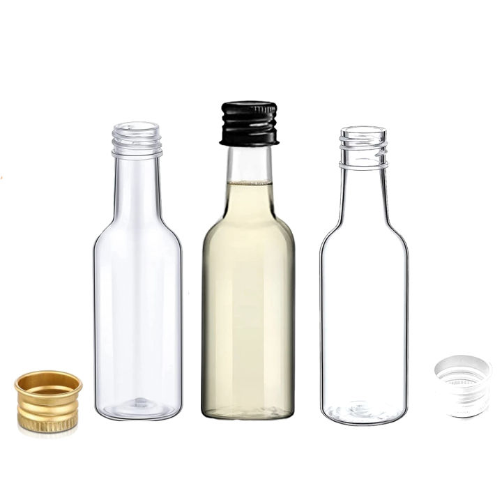 10PCS Mini Liquor Bottles 50ml Plastic Spirit Bottles Silver/ Gold/ Black Caps Alcohol Shot Bottles