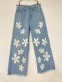 Flower printed Wide Leg Jeans for women. 