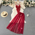 Chinese Transparent Vintage Embroidery Jacquard Halter Top Dressing Sleepwear Open Front Bindings Gauze Dress 4-Piece Set.