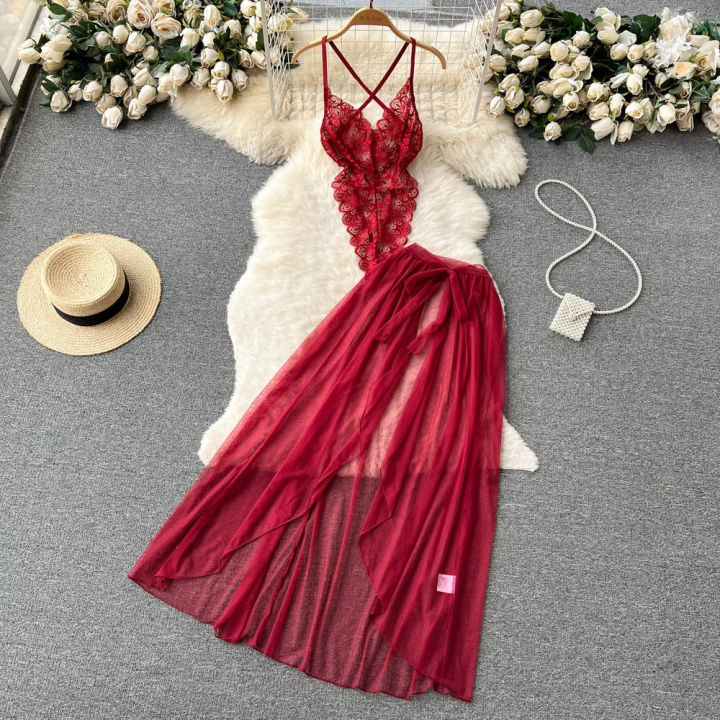 Chinese%20%20Transparent%20Vintage%20Embroidery%20Jacquard%20Halter%20Top%20Dressing%20Sleepwear%20Open%20Front%20Bindings%20Gauze%20Dress%204-Piece%20Set%20-%20Image%204