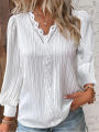 Women Lace Stitching Shirt Solid V-neck Simple Black Chiffon Decoration Hollow Out Design Fashion Elegant Top Office Lady Blouse. 