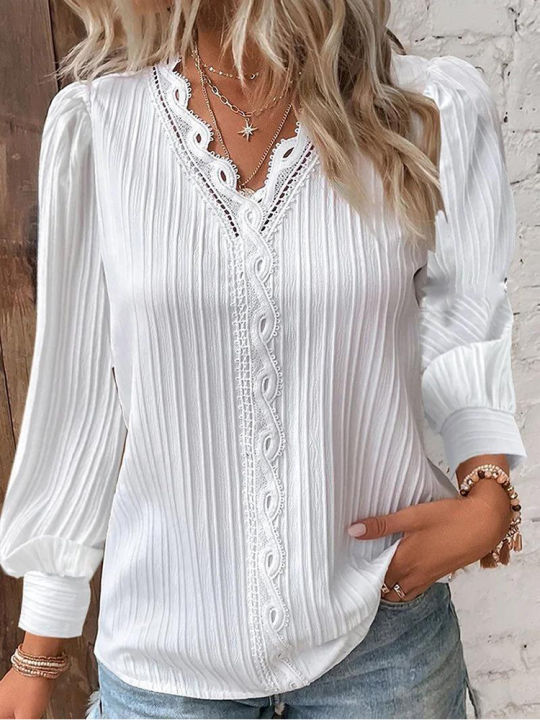 Women%20Lace%20Stitching%20Shirt%20Solid%20V-neck%20Simple%20Black%20Chiffon%20Decoration%20Hollow%20Out%20Design%20Fashion%20Elegant%20Top%20Office%20Lady%20Blouse%20-%20Image%207