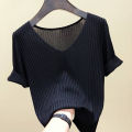 Knitted Short Sleeve Women V-Neck T Shirts 2026 Blue Slim Black Thin Knit Orange Tops Ladies Summer Camiseta Summer T Shirts.