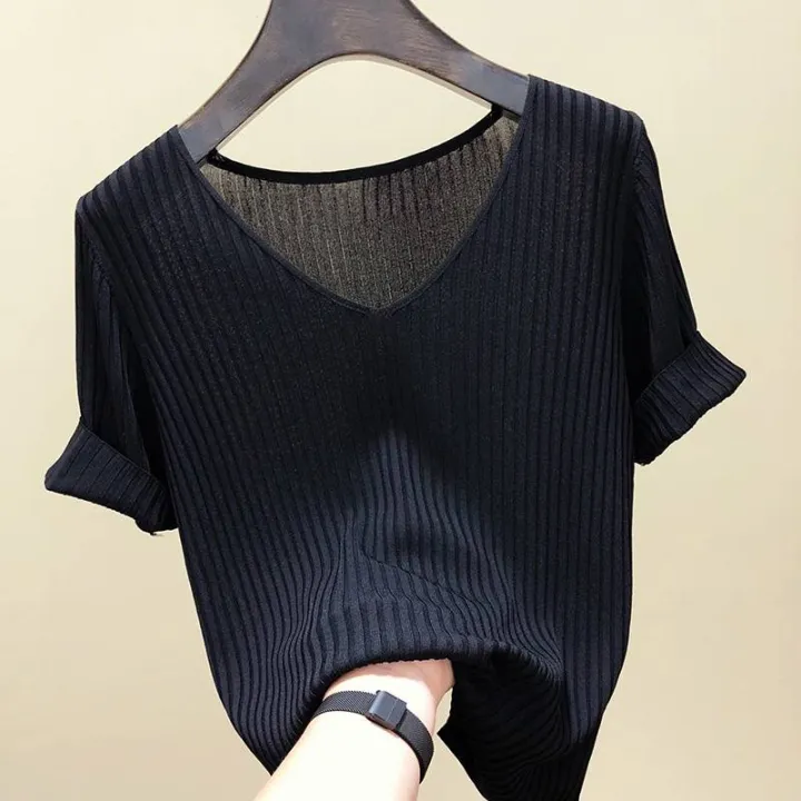Knitted%20Short%20Sleeve%20Women%20V-Neck%20T%20Shirts%202026%20Blue%20Slim%20Black%20Thin%20Knit%20Orange%20Tops%20Ladies%20Summer%20Camiseta%20Summer%20T%20Shirts%20-%20Image%202