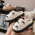 Fashion Women's Bow Slippers Winter Indoor Home Warm Non-Slip EVA Thick Bottom Couples Shoes Plush Soft Sole House Slides. 