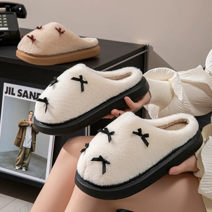 Fashion%20Women's%20Bow%20Slippers%20Winter%20Indoor%20Home%20Warm%20Non-Slip%20EVA%20Thick%20Bottom%20Couples%20Shoes%20Plush%20Soft%20Sole%20House%20Slides%20-%20Image%203