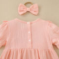 Summer female infant pink short-sleeved solid color Romper and headgear two-piece set sweet and cute. 