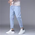 Men's Streetwear Skinny Solid Color Blue Black Jeans Korean Stretch Soft Classic Casual Denim Trousers Nine Lengths Pants. 