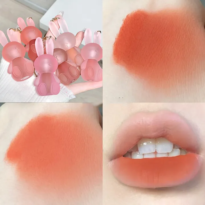 Cute Rabbit Matte Velvet Lipstick With Keychain Summer Lovely Bunny Lip Mud Non-stick Cup Red Lip Gloss Korean Makeup Cosmetics