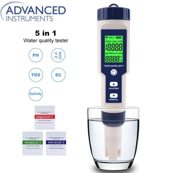 Digital 5 in 1 Salinity TDS EC PH Temp Tester with ATC, High Accuracy Salinity Tester for Hydroponics Seawater Aquariums Marine Monitoring and Koi Fish Pond pH Tds Meter