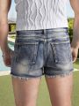 Men's Casual Spring/Summer Denim Shorts - Distressed Denim Shorts with Frayed Edges and Patchwork Details, Fashionable Street-St. 
