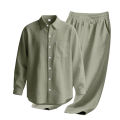 Men's Autumn Loose Trend Linen Solid Color Simple Lapel Long-Sleeved Shirt Beach Trousers Set.