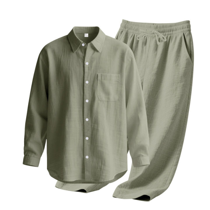 Men's%20Autumn%20Loose%20Trend%20Linen%20Solid%20Color%20Simple%20Lapel%20Long-Sleeved%20Shirt%20Beach%20Trousers%20Set%20-%20Image%205