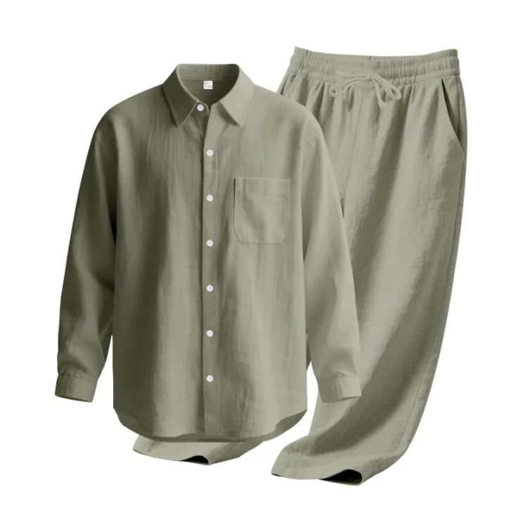 Men's%20Autumn%20Loose%20Trend%20Linen%20Solid%20Color%20Simple%20Lapel%20Long-Sleeved%20Shirt%20Beach%20Trousers%20Set%20-%20Image%205