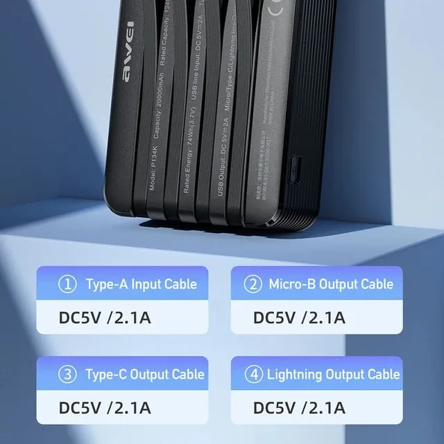 Awei P134K 4 in 1 Portable Power Bank 20000mAh With Type-C/Lightning/Micro  Cable Powerbank For iOS&Android