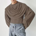American Style New Men's Layered Design Swing Collar T Shirts Retro Streetwear Leisure Solid Long Sleeved Irregular Blouse S-2XL. 