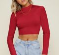 Long Sleeve Mock Neck Crop Top Women's Casual Solid Color T-Shirt Soft Fabric Short Length Top. 