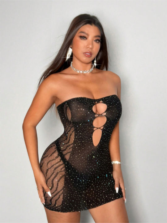 Women's%20%20Mesh%20Rhinestone%20Dress%20Strapless%20Cut%20Out%20Bodycon%20Mini%20Dress%20for%20Club%20Party%20Night%20Out%20-%20Image%204