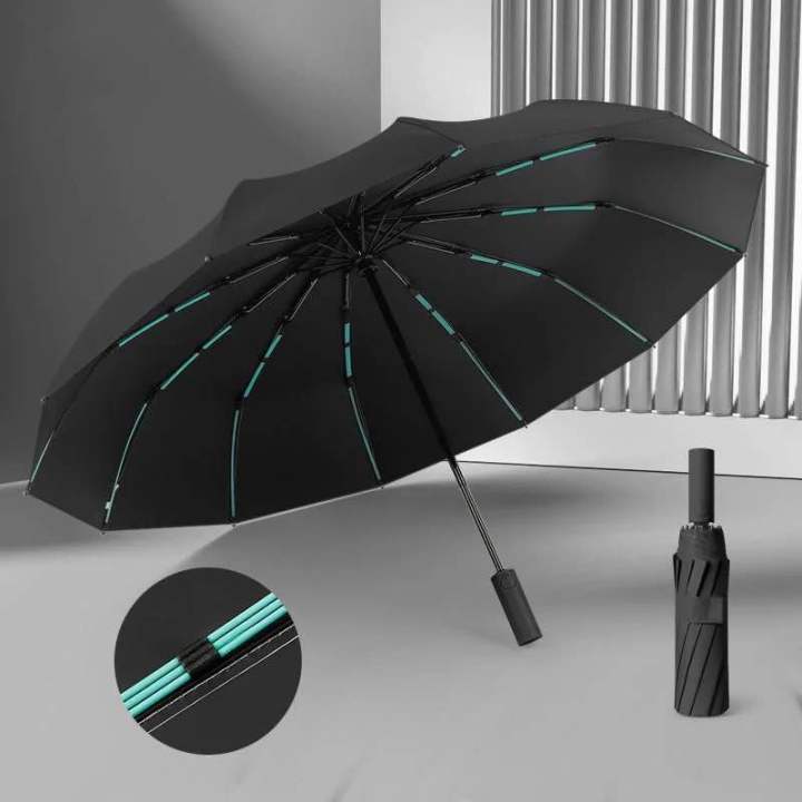 10Ribs Automatic Umbrella Rain Double Ribs Windproof 3Fold Portable Long Handle