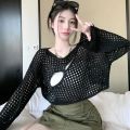 Mesh Loose See-through  Tops Knitted round Neck Women's Blouses. 