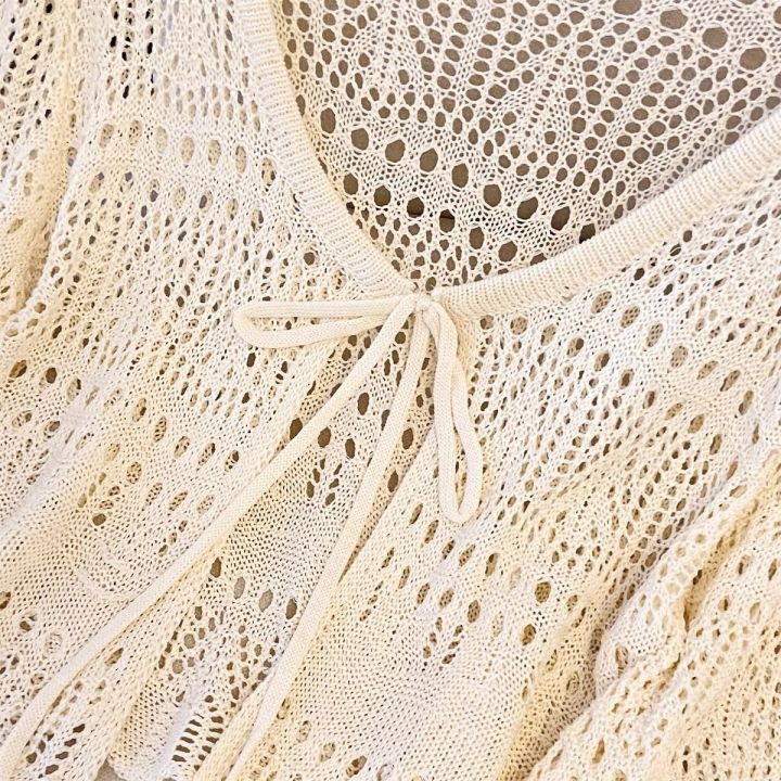 Women's%20Summer%20Lace%20Knit%20Cardigan%20Long%20Sleeve%20V-neck%20Openwork%20Crochet%20Tie%20Front%20Sun%20Protective%20Shawl%20Versatile%20Cover-Up%20for%20Fall%20-%20Image%205