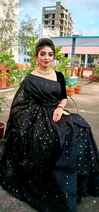 black colour jamdani saree for women without bluse pice