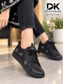 Women & Girls Trendy Black Sneakers - Stylish Butterfly Embroidery Casual Flat Shoes - Black Lace-Up Comfort Shoes. 