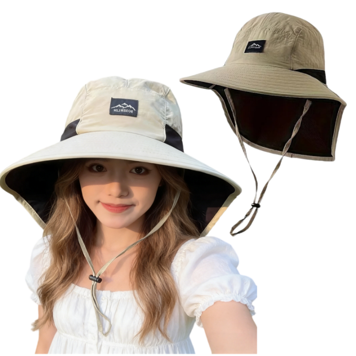 Unisex Wide Brim Hats Quick-drying Caps Bucket Mesh Breathable Sun Hat with Neck Flap for Fishing, Traveling O