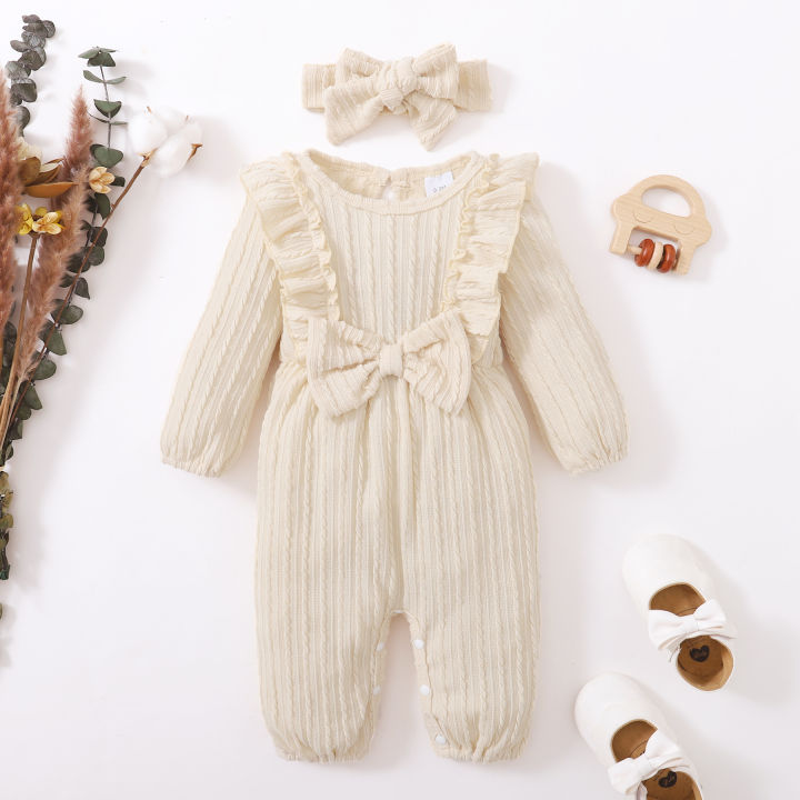 Newborn%20Bodysuit%20Round%20Neck%20Twisted%20Stripes%20Bowbaby+Headband%20Fashion%202Pcs/Set%20%200-18%20Months%20Baby%20Girl%20Spring%20And%20autumn%20Jumpsuit%20-%20Image%205