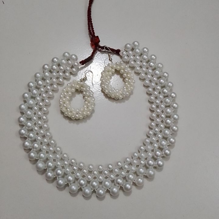 Elegant White Pearl Beads Jewellery Set Vintage Gorgeous Necklace Set